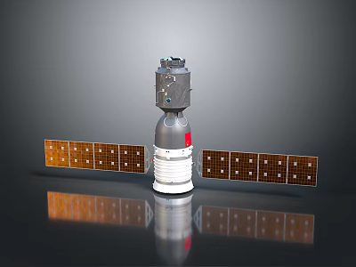 Satellite Equipment Model Featuring Main Structure And Solar Panels On Reflective Surface 3d model