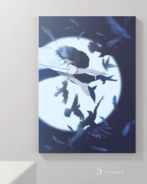 Abstract Painting Artwork With Floating Girl Birds And Moonlit Dark Blue Background 3d model 
