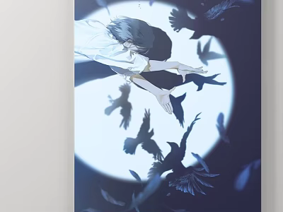 Abstract Painting Artwork With Floating Girl Birds And Moonlit Dark Blue Background 3d model
