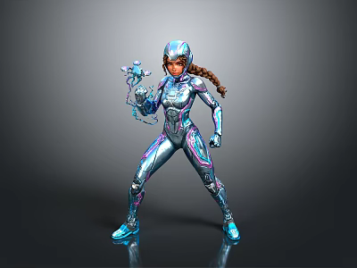 Shiny Blue Purple Armored Female Character With Braided Hair And Glowing Weapon 3d model