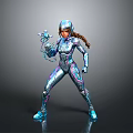 Shiny Blue Purple Armored Female Character With Braided Hair And Glowing Weapon