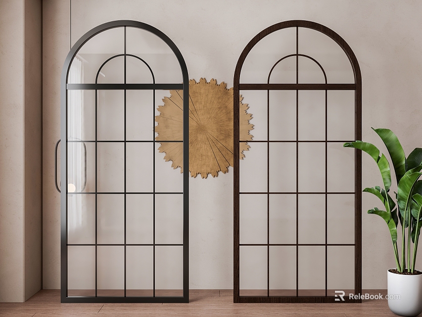 Arched French Windows With Black Brown Frames Grid Glass Gold Circular Decor Green Plant Wooden Floor Interior 3d model 