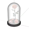 Decorative Ornament Set With Glass Dome Pink Rose And Petals On Base