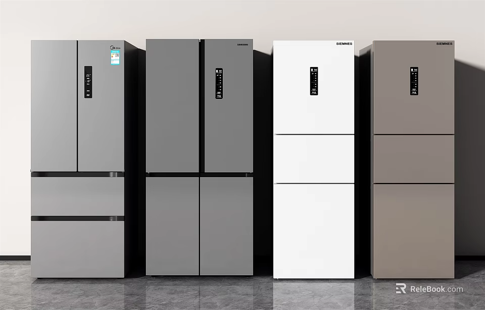 Modern Sleek Refrigerators In Multiple Colors Gray White Brown Display Lineup 3d model 