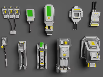 Various Types of Hardware Tools With Modern Gray Green Design And Digital Display Elements 3d model