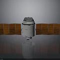 Spacecraft With Orange Solar Panels And Cylindrical Module On Reflective Surface