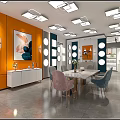 Modern Furniture Store Interior With Reception Desk Dining Table Chairs And Ceiling Lights