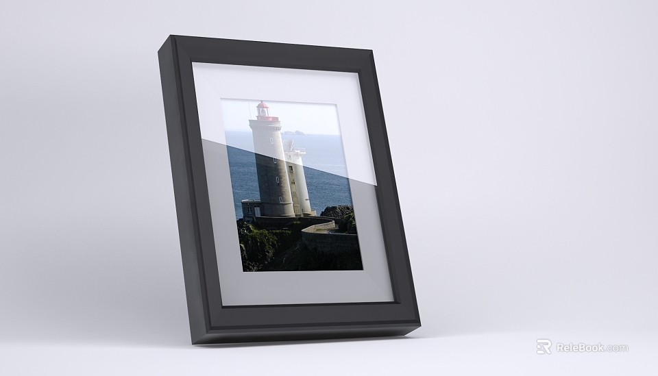 Black Picture Frame With Lighthouse Photo And Seaside View On White Background 3d model 