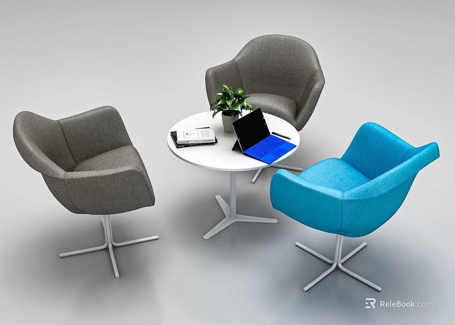 Gray and Blue Modern Lounge Chairs with White Round Table Green Plant Notebook and Laptop 3d model 