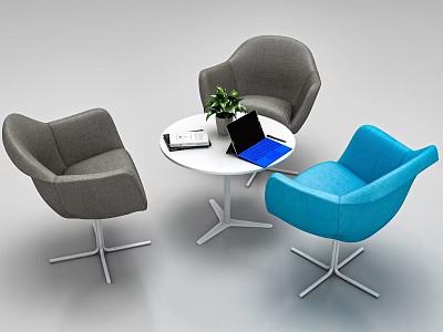 Gray and Blue Modern Lounge Chairs with White Round Table Green Plant Notebook and Laptop 3d model