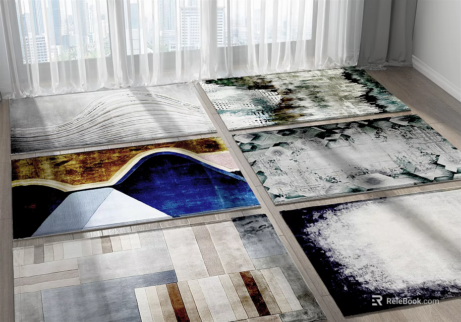 Square Rugs With Various Abstract Patterns And Colorful Designs On Wooden Floor 3d model 