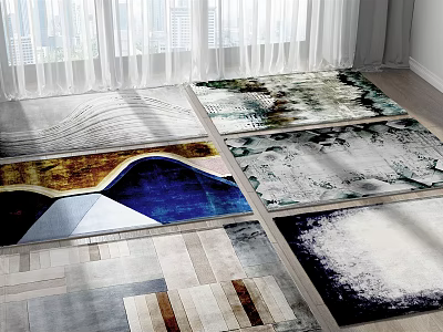 Square Rugs With Various Abstract Patterns And Colorful Designs On Wooden Floor 3d model