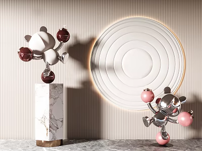 Silver Sculpture Carving Holding Red Pink Balls On Marble Pedestal With Circular Wall Decor 3d model