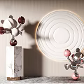 Silver Sculpture Carving Holding Red Pink Balls On Marble Pedestal With Circular Wall Decor