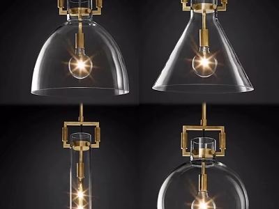 Elegant Pendant Lights With Transparent Glass Shades Golden Metal Frames And Illuminated Bulbs 3d model
