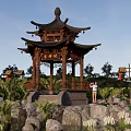 Scenic Traditional Chinese Pavilion Night View With Green Plants Stones and People Around