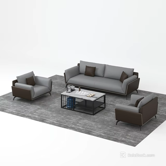 Modern Gray Sofa With Brown Armchairs And Black Frame Coffee Table Set 3d model
