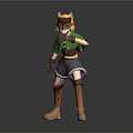 Game Movie Character With Blonde Hair Green Cape Brown Gloves Shorts And Brown Boots