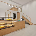 Cozy Dessert Shop Interior Featuring Wooden Counter Display Shelves Arched Doorway And Wall Signage