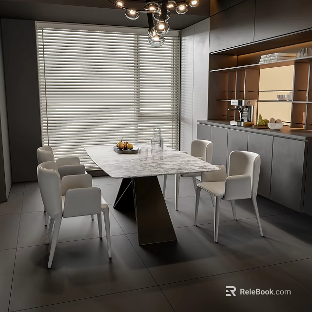 Modern Dining Table With Marble Top And White Chairs In Kitchen Area 3d model