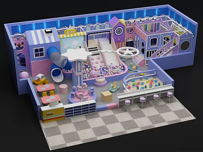 Colorful Indoor Kids Playground Featuring Slide Ball Pit Castle Play Structures And Lighting 3d model