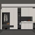Modern White Shoe Cabinet Design With Storage Lighting And Clothes Hanging In Entrance Area