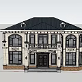 Two Story European Detached Villa With Dark Tile Roof Front Porch Balcony And Lawn