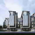 Modern Townhouses with Large Glass Windows Contemporary Roof Design and Landscaped Path Lighting
