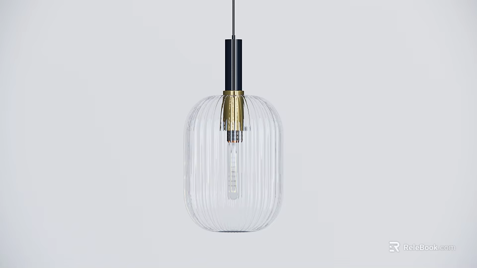 Modern Transparent Ribbed Glass Pendant Light With Black And Gold Accents 3d model 