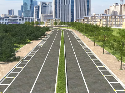 Spacious Urban Parking Lot With Green Median Trees And City Skyline 3d model
