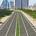 Spacious Urban Parking Lot With Green Median Trees And City Skyline