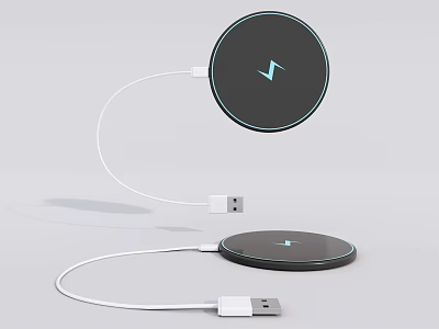 Wireless Charger with Circular Black Panel and White USB Charging Cable 3d model