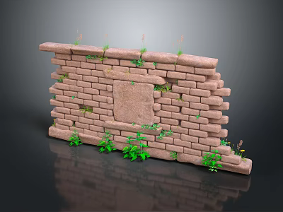 Rustic Scenery of Weathered Brick Wall With Green Plants Growing Through Cracks 3d model
