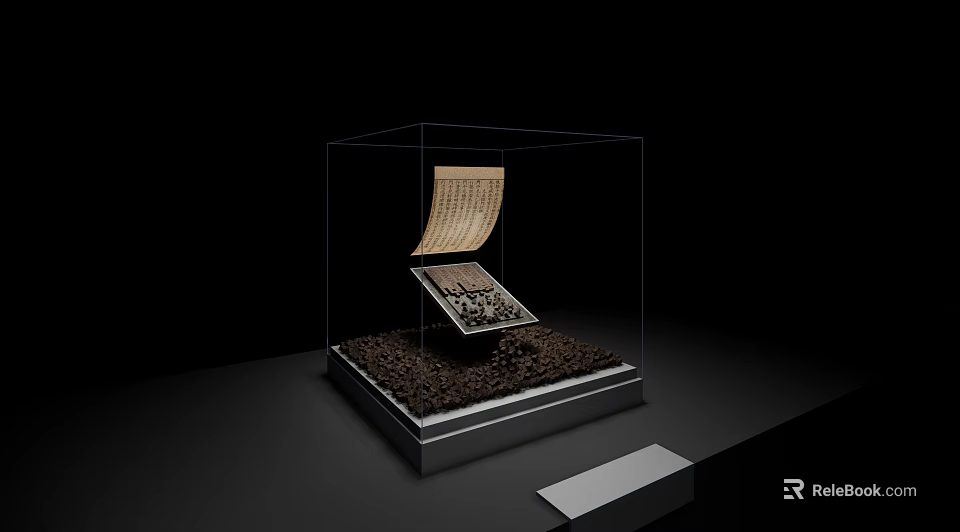 Cultural Art Exhibition Hall Exhibiting Ancient Scroll And Stone Tablet In Glass Display Case 3d model 