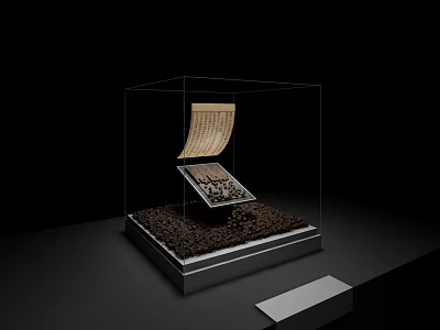 Cultural Art Exhibition Hall Exhibiting Ancient Scroll And Stone Tablet In Glass Display Case 3d model
