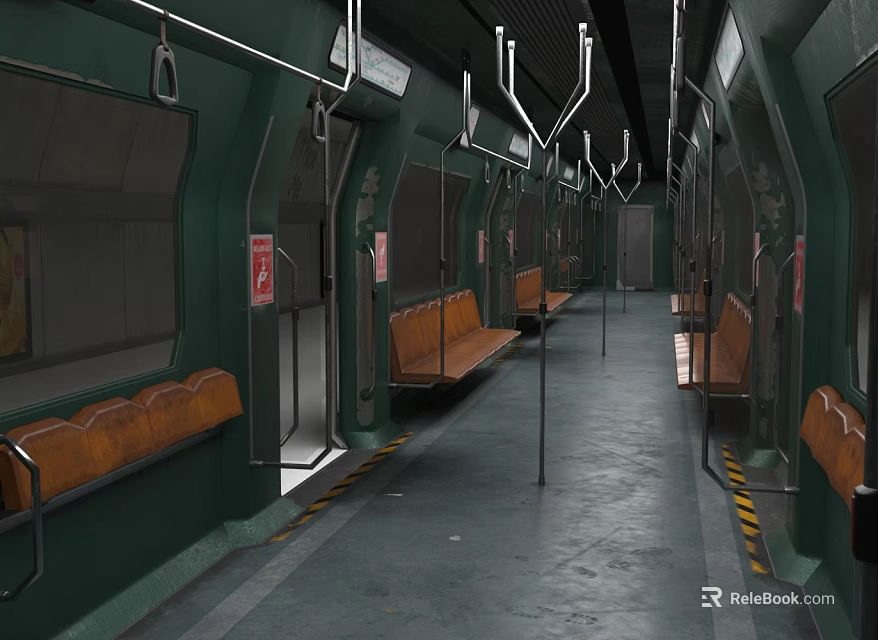 Subway Station Interior With Green Walls Orange Benches And Metal Handrails 3d model 