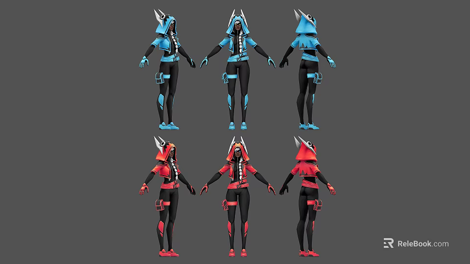 Women in Blue and Red Outfits with Spiked Helmets and Mechanical Elements from Multiple Angles 3d model 