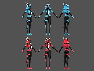 Women in Blue and Red Outfits with Spiked Helmets and Mechanical Elements from Multiple Angles 3d model