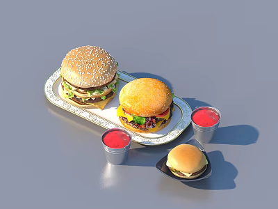 Juicy Assorted Burgers With Mini Patty And Red Drinks On White Tray 3d model