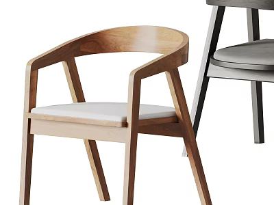 Wooden Dining Chairs With Curved Armrests Light Colored Seat Cushion And Gray Cushion Dark Legs 3d model