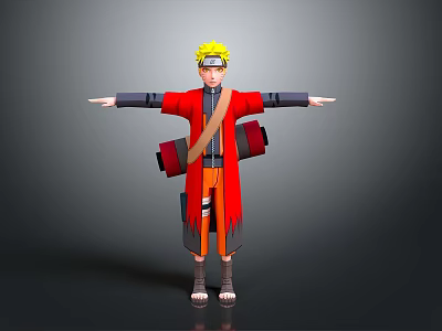 Anime Action Figure With Red Robe Yellow Hair And Red Scrolls In Open Arms Pose 3d model