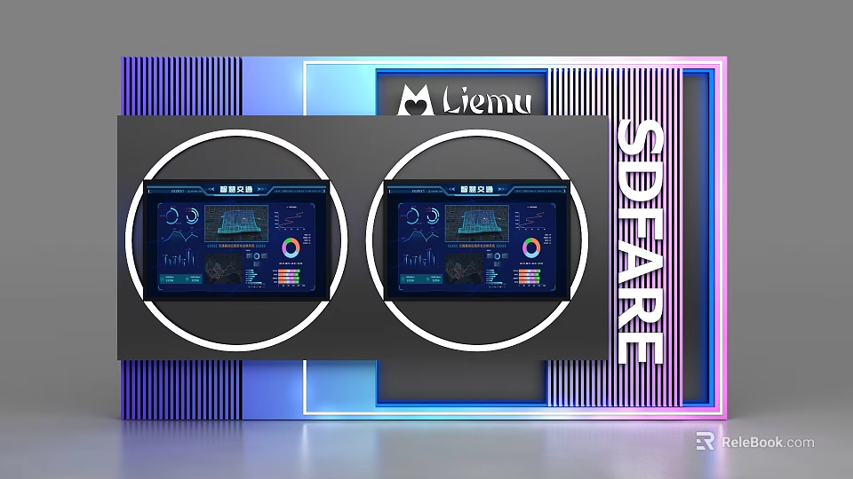 Tech Style Background Wall With Liemu Logo SDFARE Text And Two Circular Screens 3d model 