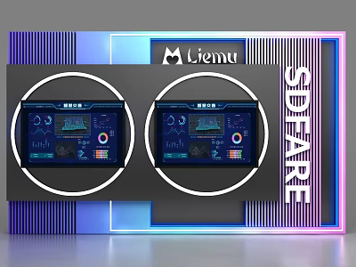 Tech Style Background Wall With Liemu Logo SDFARE Text And Two Circular Screens 3d model