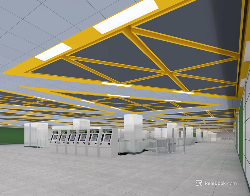 Spacious Modern Transport Hub Hall Featuring Yellow Ceiling Structure White Pillars And Self Service Machines 3d model 