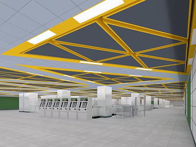 Spacious Modern Transport Hub Hall Featuring Yellow Ceiling Structure White Pillars And Self Service Machines 3d model