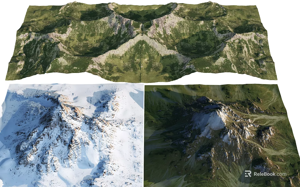 Natural Mountain Landscape Architecture Featuring Green Vegetation Snowy Peaks And Scenic Terrain 3d model 