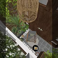 Luxurious Villa Balcony With Lush Green Plants Rattan Pendant Lights And Wooden Accents