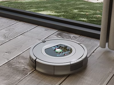 Robot Vacuum Cleaner Operating On Wooden Floor With Outdoor Grass View 3d model