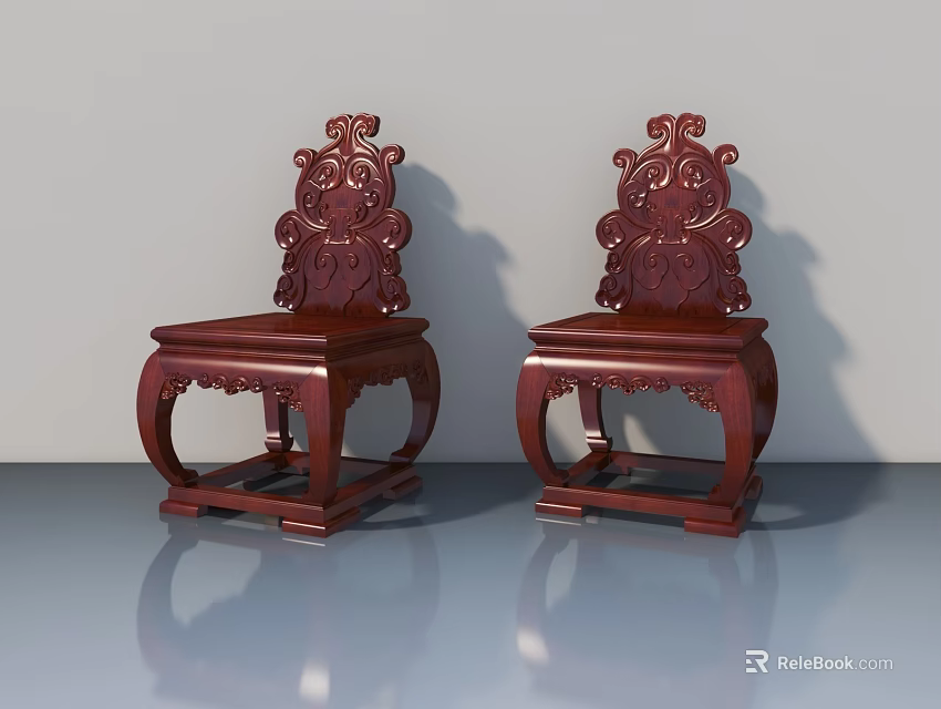Redwood Swing Doors With Intricate Carvings Against White Walls And Gray Floor 3d model 
