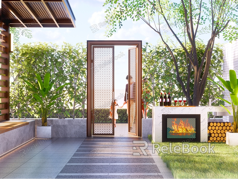 Modern Courtyard Courtyard Landscape Villa Entrance Door Entrance Iron Door Landscape Greening Wall Hedge Shrub model